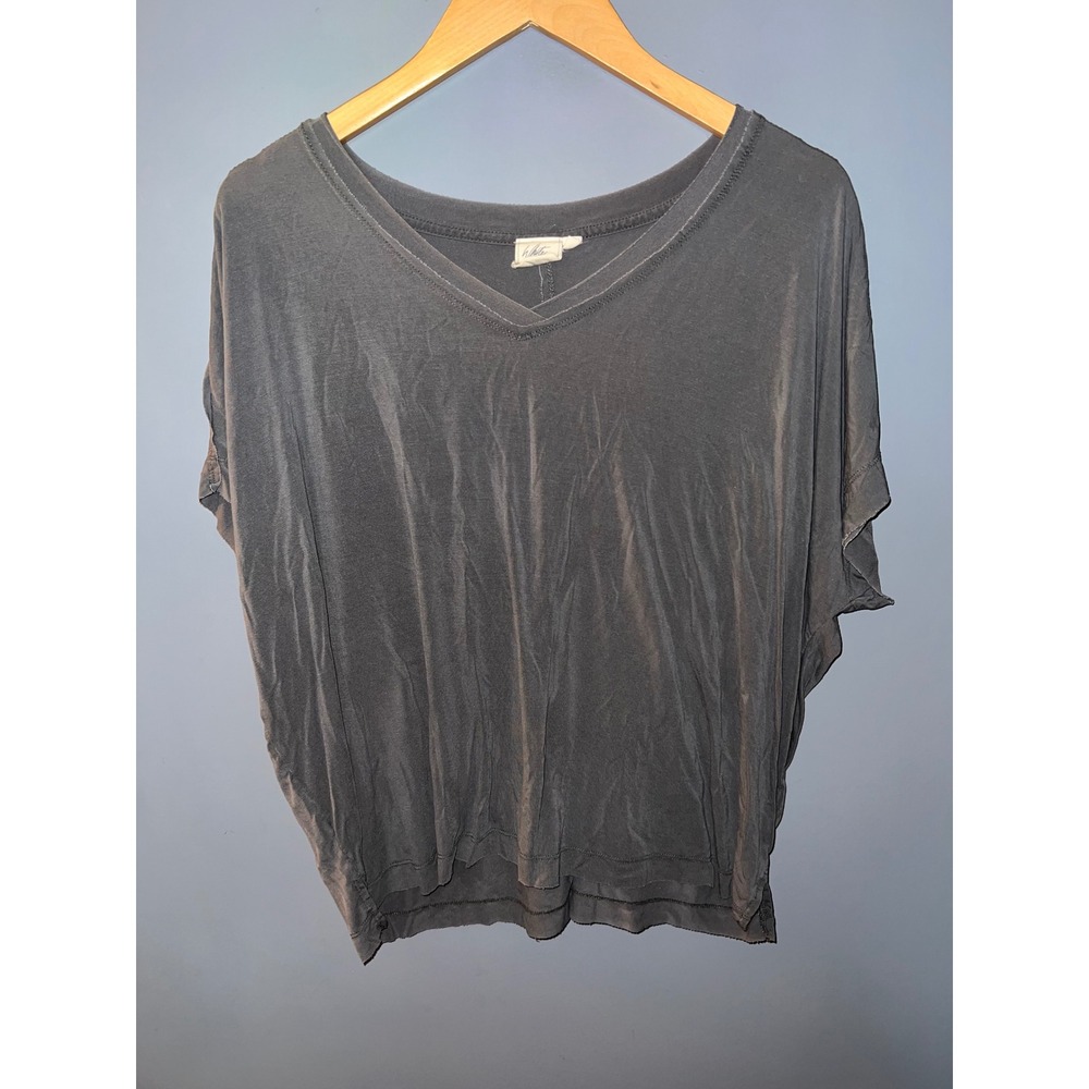 White Crow Womens V-Neck Oversized Tee Charcoal Grey Raw Edge Boho Top